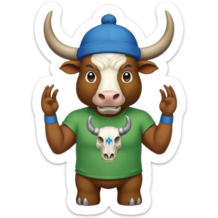 a bull wearing a green cap leveled WAGMI and wearing a blue t shirt and WAGMI designed with bulls skull and horn sticker