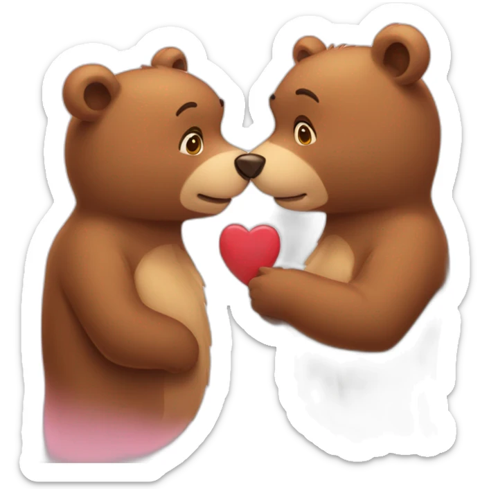 Female bear and male bear kissing, face only, hearts above them sticker