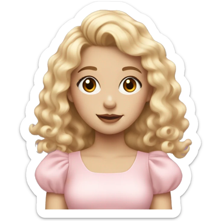 pale girl with bangs and long blonde curly hair and a pastel pink puff sleeve dress sticker