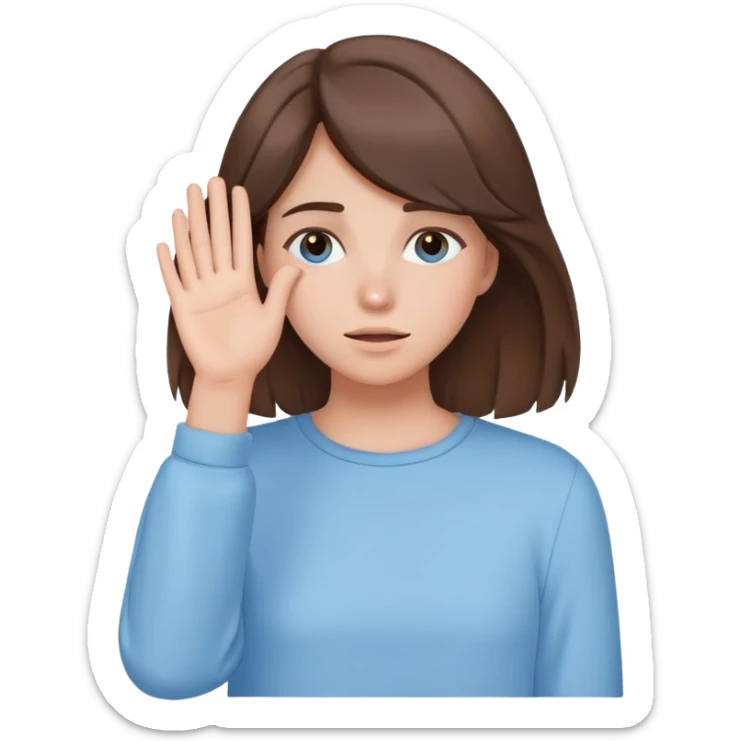 brunette girl with brown hair wearing pastel blue clothes covering her face with her hand sticker