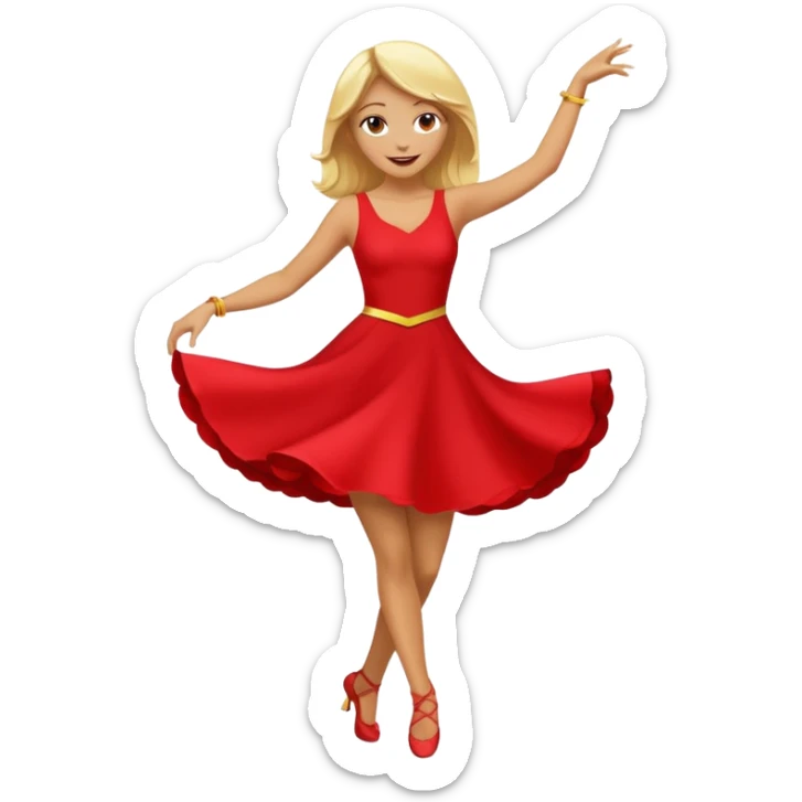 a yellow-blonde woman dancing wearing a red dress, in flat emoji / Apple style, smooth shapes, glossy highlights, bright saturated colors, simple features, minimal details, no outlines, red clothes flowing, joyful pose
 sticker