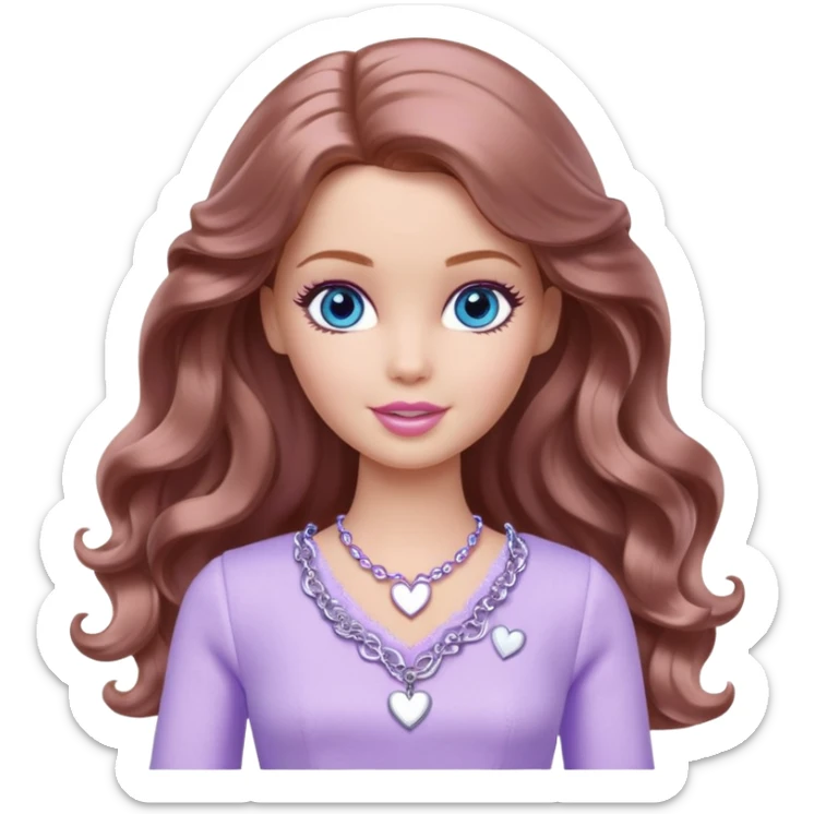 Barbie girl Chestnut long wavy hair and blue eyes is In pale purple clothes There are silver hearts all around sticker