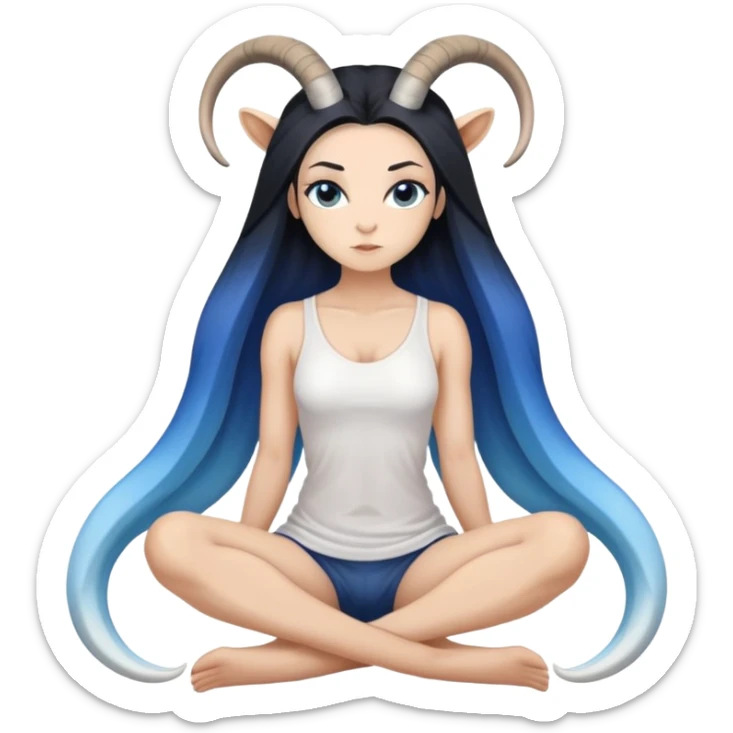 Art of a human white woman's very perfect body scheme anatomy-very long straight black to blue hair ombre-small goat horns-lean back-on knees sticker