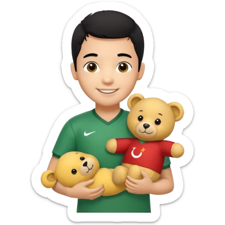 Une garçon qui a les cheveux noir qui sourit il a un maillot de l’algerie et qui a un doudou jaune sur son epaule un ours jaune qui a des habille noir sticker