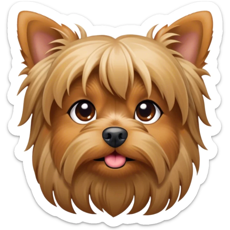 Cinematic Cute Yawning Yorkshire Terrier Portrait Emoji, Head tilted with a playful, drowsy expression and droopy, adorable eyes, featuring a soft, well-groomed fur in rich hues, simplified yet irresistibly endearing, highly detailed, glowing with a warm, cozy radiance, high shine, exuding a relaxed yet spunky charm, styled with a gentle, soft glowing outline, capturing the essence of a Yorkshire Terrier mid-yawn that seems as if it could cuddle right off the screen! sticker