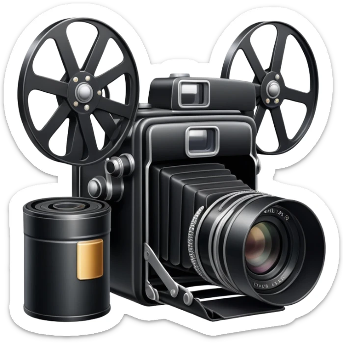 Vintage film camera with a traditional roll of 35mm film next to it sticker