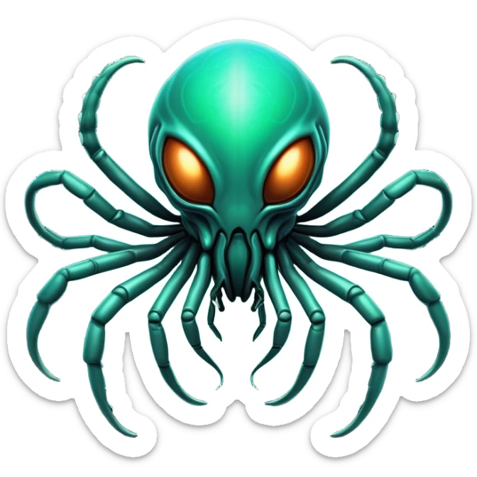 Clash of Clans aesthetic: Cinematic fierce arachnid Alien Emoji, rendered in a 3D vector-style similar to standard emojis with minimal shading and bold, simplified shapes. A compact, isometric, otherworldly creature with insectoid, organic details and subtle, eerie tentacles, softly glowing with a sinister alien charm. Simplified yet unmistakably iconic, highly detailed and consistent, glowing with a soft, spectral radiance and high shine. Stylized with a touch of bio-engineered mischief and a soft glowing outline, capturing the essence of a fearsome extraterrestrial menace with a playful twist! sticker