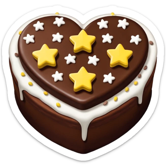 choclate cake heart with white icing on top in the shape of three u's, and yellow, teal, or green star sprinkles sticker