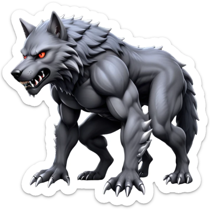 cinematic-noble-fierce-werewolf-full body on all fours-emoji, poised-and-imposing, with a tall, lean, and muscular wolfish frame inspired by the brutal, imposing shape of the beast from Berserk, fur rippling in shades of midnight black and silver, massive paws with razor-sharp claws, elongated limbs and fangs, eyes glowing with an intense, primal ferocity, reflecting the untamed power of the wild moonlit night; rendered with realism like a wolf hunched over sticker