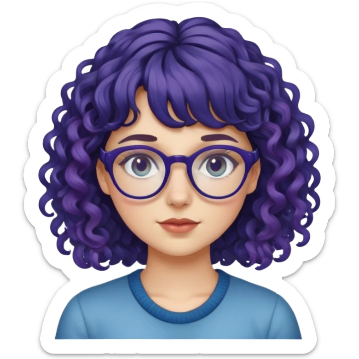 A white girl With glasses, curly hair , bangs and purplish blue highlights  sticker