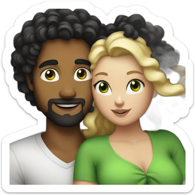 A curvy woman with blond hair and green eyes hugging a man with black curly hair sticker