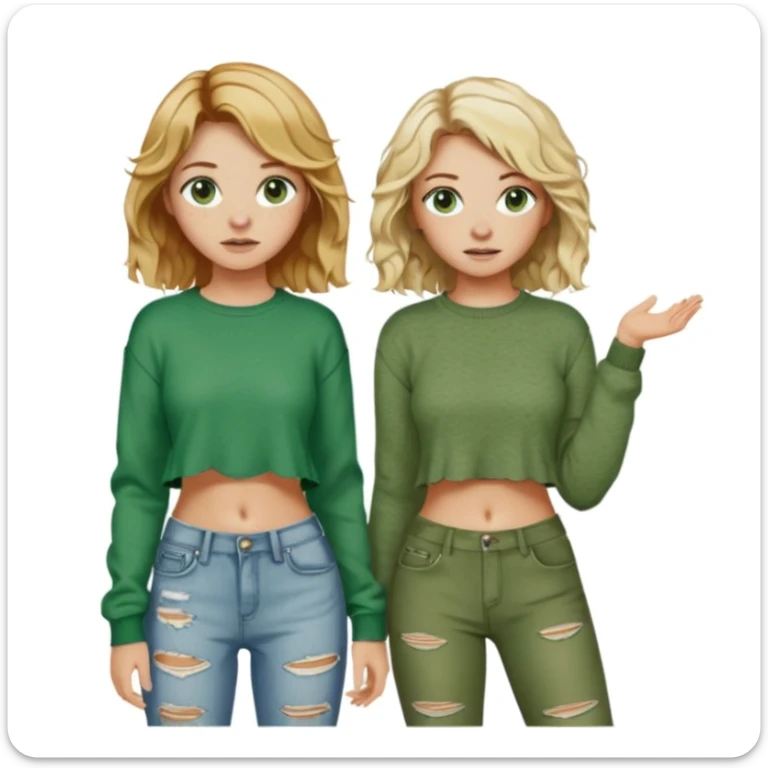 Two girls, both white, one with short wavy blonde hair and green eyes, dressed in punk Y2K fashion and the other with long wavy brown hair, brown eyes, freckles; and cozy green clothes  sticker