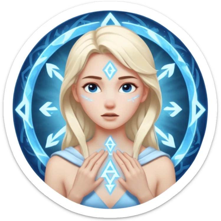 Woman frozen mid-spell, glowing runes around her body, charged silence sticker