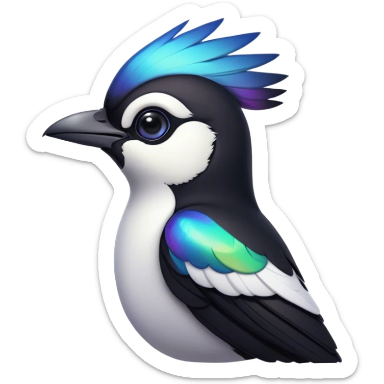 Cinematic Noble Magpie Portrait Emoji, Poised and sleek, with striking, iridescent black and white plumage, a sharp, inquisitive beak, and intense, observant eyes, Simplified yet sharp and sophisticated features, highly detailed, glowing with a soft, urban gleam, high shine, intelligent and graceful, stylized with an air of mischievous charm, focused and alert, soft glowing outline, capturing the essence of a watchful and confident magpie that appears ready to dart out of the screen with effortless authority! sticker