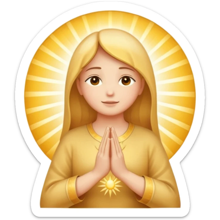 warm peaceful morning prayer emoji with soft golden colors, rays of light, hands in prayer position, serene spiritual symbols, sunrise, new beginnings, gratitude, connection with the divine sticker