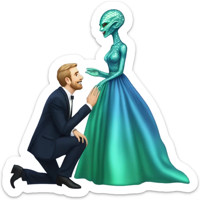 alien reptilian green skin woman, in long slim pastel blue formal party satin dress with gradient shiny sparkling navy blue diamonds embroidered , and caucasian man in black dres on his knees asks her to marry her sticker