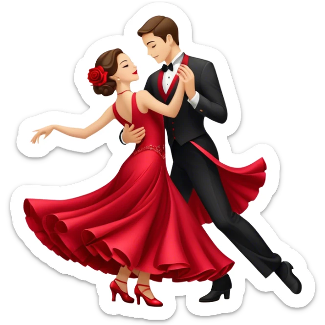 Icon for Ballroom Dancing: a pair of ballroom dance shoes, a rose, a dance floor, a flowing, voluminous ballroom dress in motion, and a shining spotlight. The icon should represent the elegance and atmosphere of ballroom dancing, focusing on the attire and setting. Transparent background. sticker