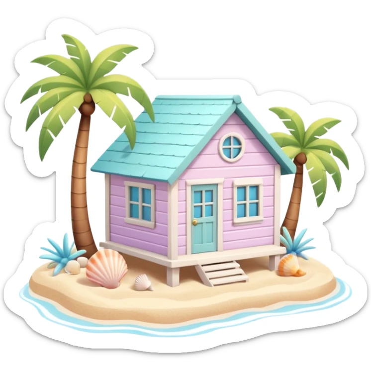 cute beach house, small seaside house, wooden walls, pastel colors, palm trees, seashells, warm sunlight, 3D cartoon, mobile game icon style, soft shadows, clean background, no text, no watermark
 sticker