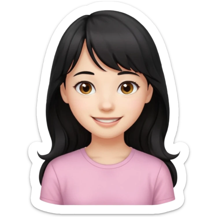 girl with long wavy black hair, straight bangs, white skin, smiling sticker