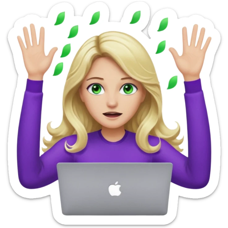 lady with long wavy blonde hair, purple top, green eyes, throwing her with a purple mac laptop hands in the air crying sticker