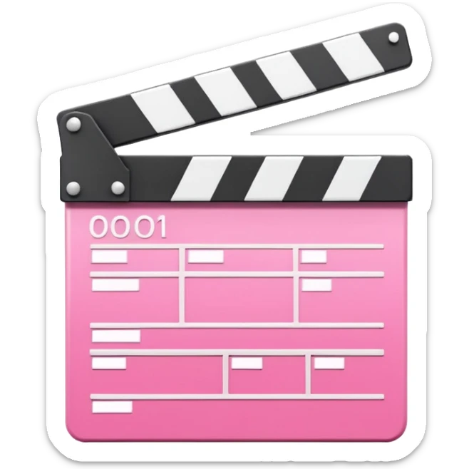  pink  pink clapperboard used in filmmaking, cute and stylish design with white details, open position, soft reflections, realistic or kawaii style, isolated on transparent background sticker