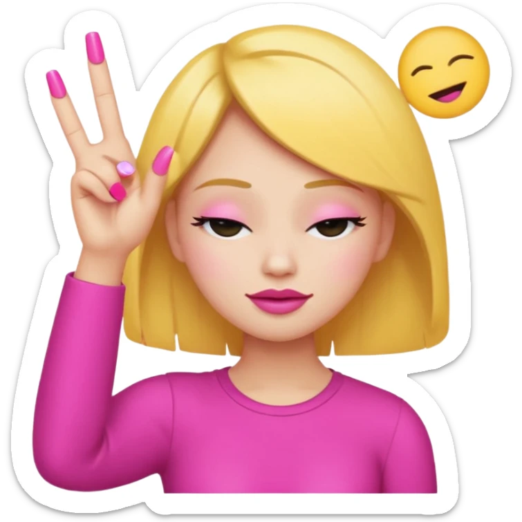 Yellow circle emoji sighing and drumming fingers up the side of their head the eye is closed it is a side profile pink lipstick and pink nails sticker