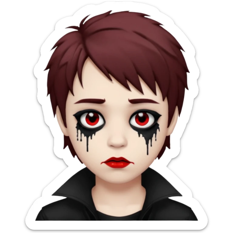 Happy pale Goth boy with shaggy brown hair, and messy black eyeliner , smudged, red, lipstick  sticker