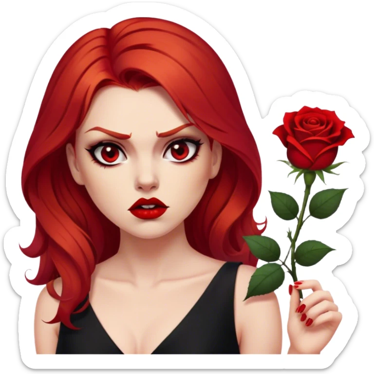 a beautiful very angry woman with red hair and red eyes. The woman wear a black little cutted dress. She have red lipstick and she have a seductive look. She have a rose flower in her hair. Angry face sticker