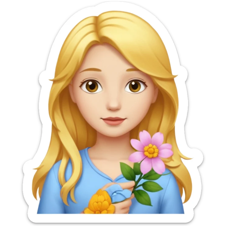 A girl with a flower in her hand, golden hair, and beauty. sticker
