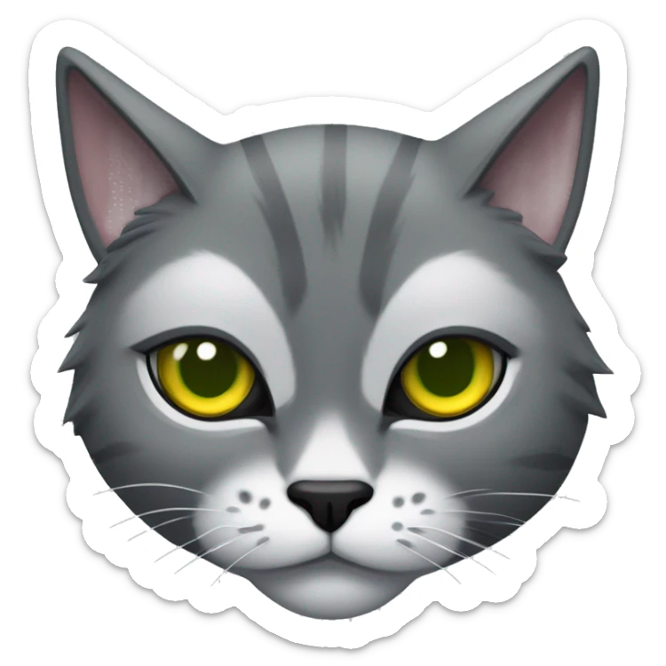 Tomcat with grey fur, white markings, yellow eyes wit green irises, black pupils, black bushy eyebrows and a black nose sticker