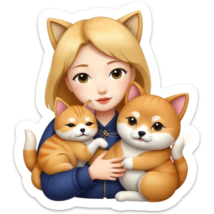chinese fashion girl hugging  A Shiba Inu and a cat sticker