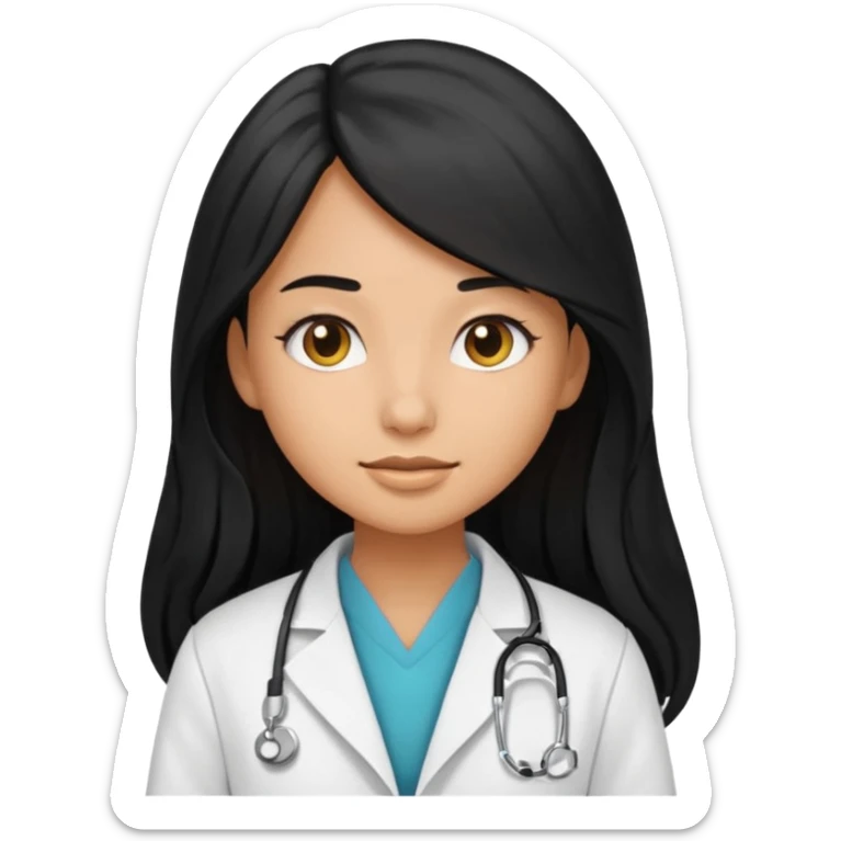 tan skin girl with long black hair wearing a doctor's coat, emoji style sticker