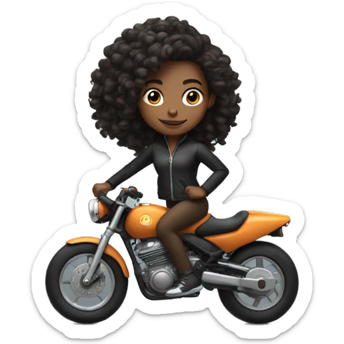 A brown skin girl with shoulder length curly black hair riding a black sports bike  sticker