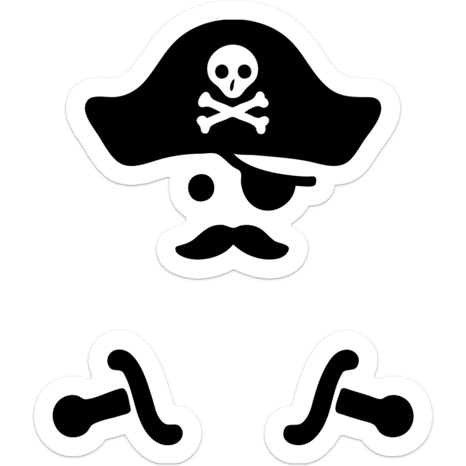 Change the swords and the pirate head to green. Ensure the background behind the swords and the head is pure white and hollow, with no black fill or shadow. Keep the hat black with the small skull-and-crossbones symbol. Maintain the clean, bold icon style. sticker
