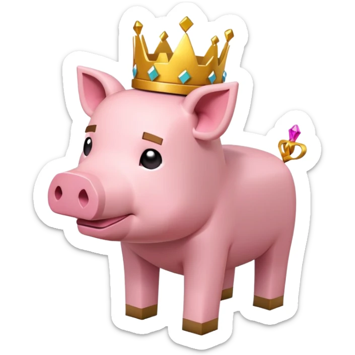 minecraft pig full body pink blocky animal with square head wearing a crown sticker