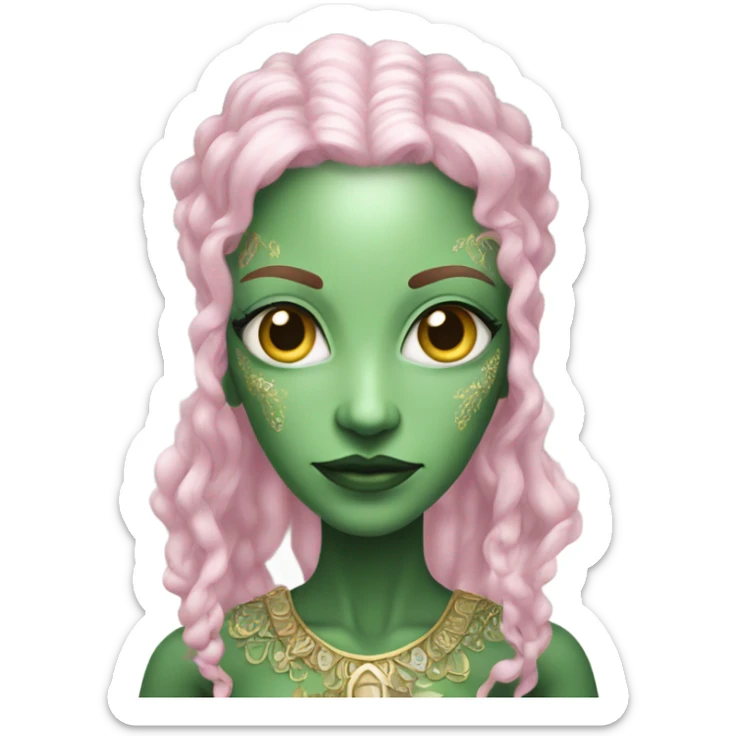 a green amazon alien woman in Victorian white gold pink hair full body  sticker