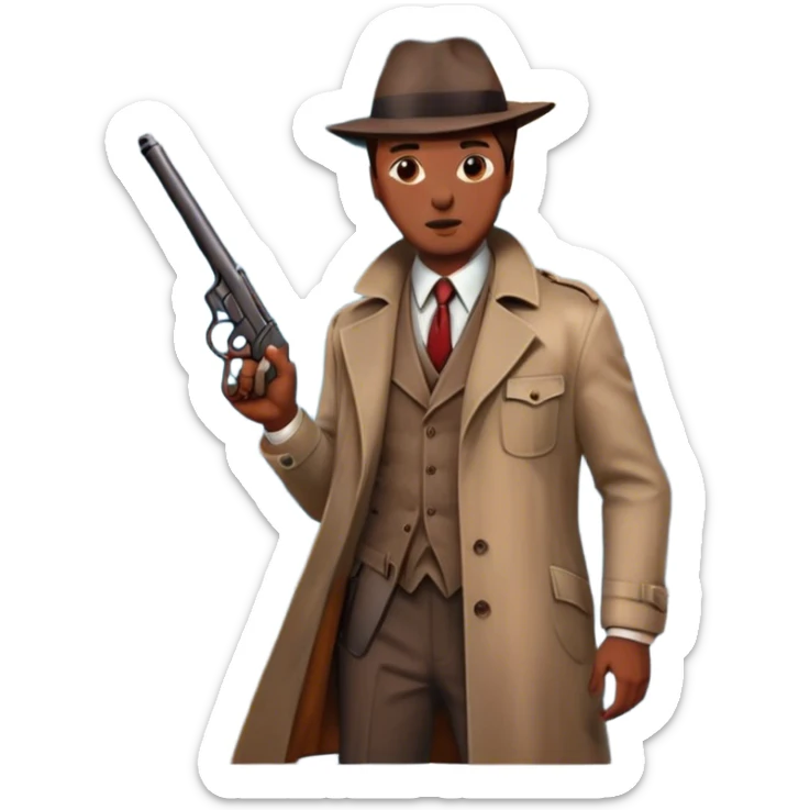 Icon for Detective Movie: A vintage movie poster-style design with a close-up of a detective holding a gun on a dark London street. The scene features a full moon, bloodstains on the pavement, and a mysterious atmosphere, evoking a classic noir detective thriller. Transparent background. sticker