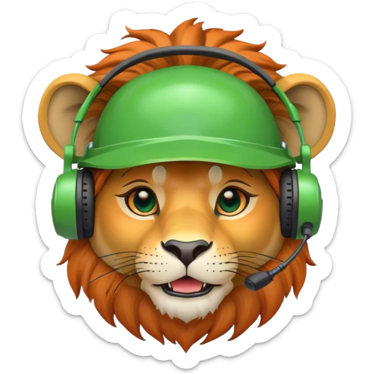 Head of Simple cute Lion wear helmet and call center headset in green and orange theme in 2d animate style sticker