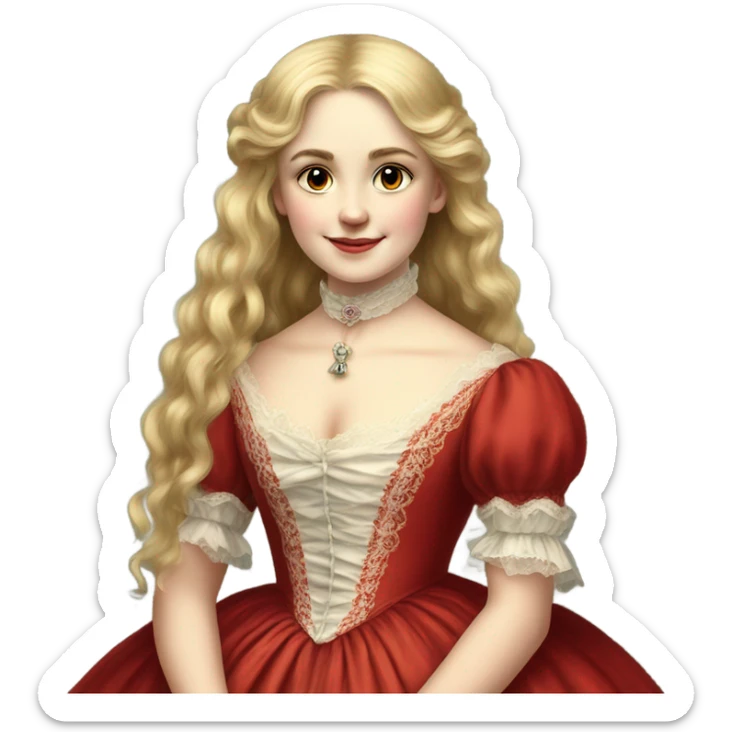 Victorian blond and long hair girl with red dress on the final of 19th century sticker