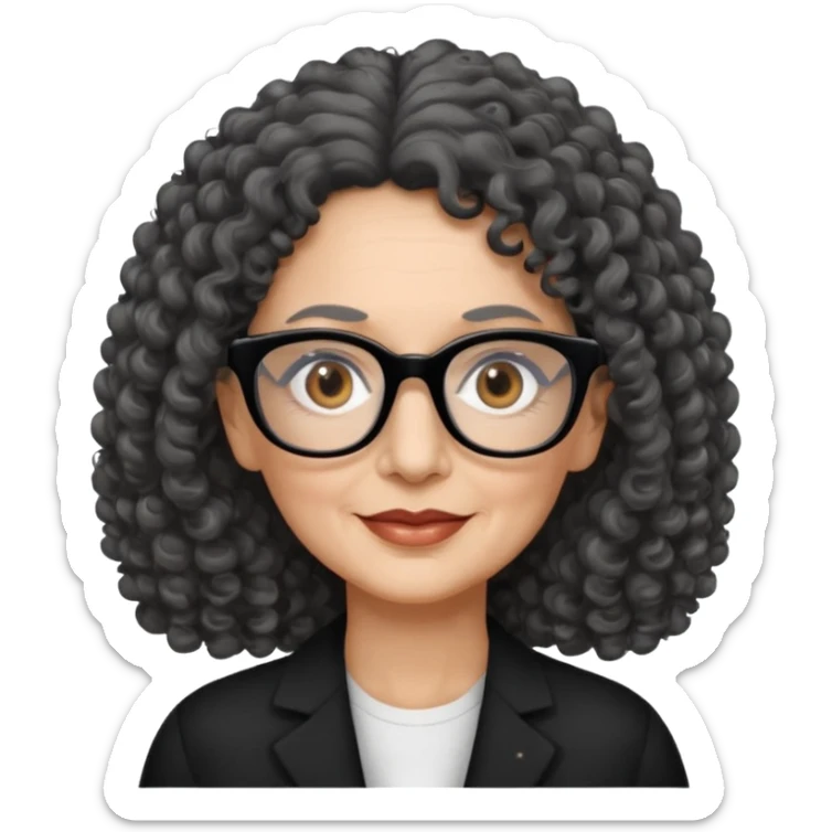 femme 60 ans cheveux gris foncé très bouclé longs et yeux marrons foncé,  lunettes rectangle noir sticker