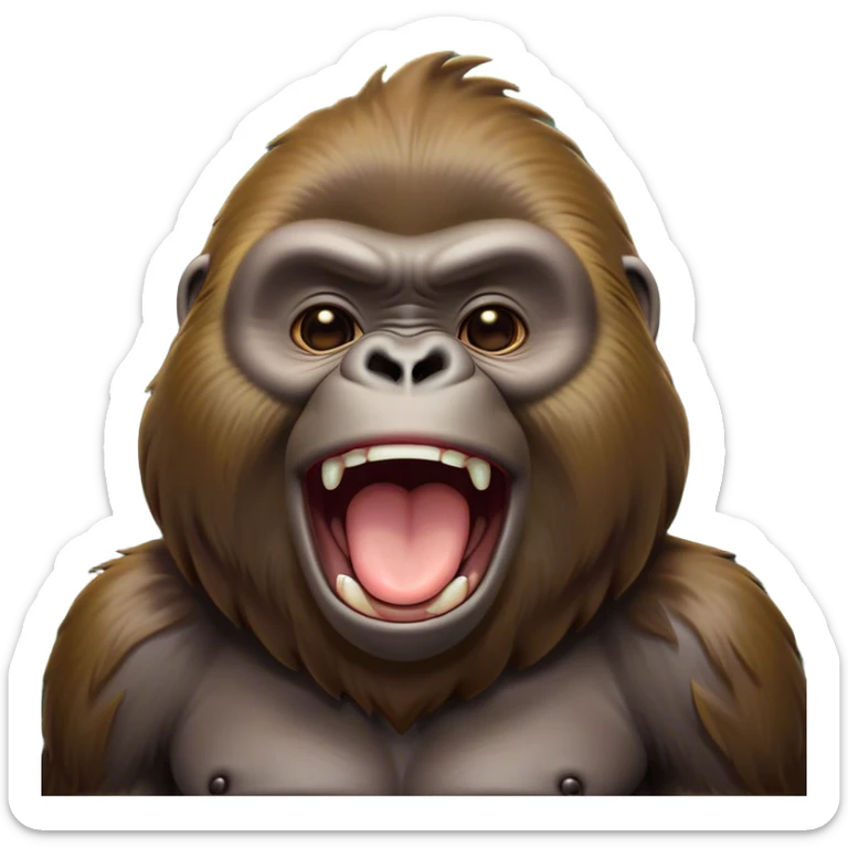 Cinematic Cute Yawning Gorilla Portrait Emoji, Head tilted slightly with a dramatic, wide-open yawn, showcasing a thick, velvety Fur with drowsy, half-closed eyes and a relaxed, open expression, Simplified yet irresistibly adorable features, highly detailed, glowing with a soft, cozy jungle glow, high shine, relaxed yet expressive, stylized with a dash of whimsical primate charm, soft glowing outline, capturing the essence of a drowsy yet affectionate guardian that appears ready to stretch out for a nap! sticker