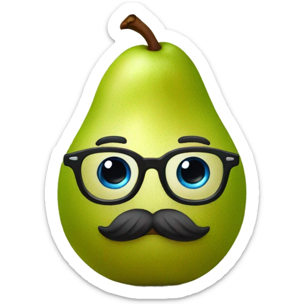 a pear with blue eyes, glasses, upturned hair, mustaches and muscular arms sticker