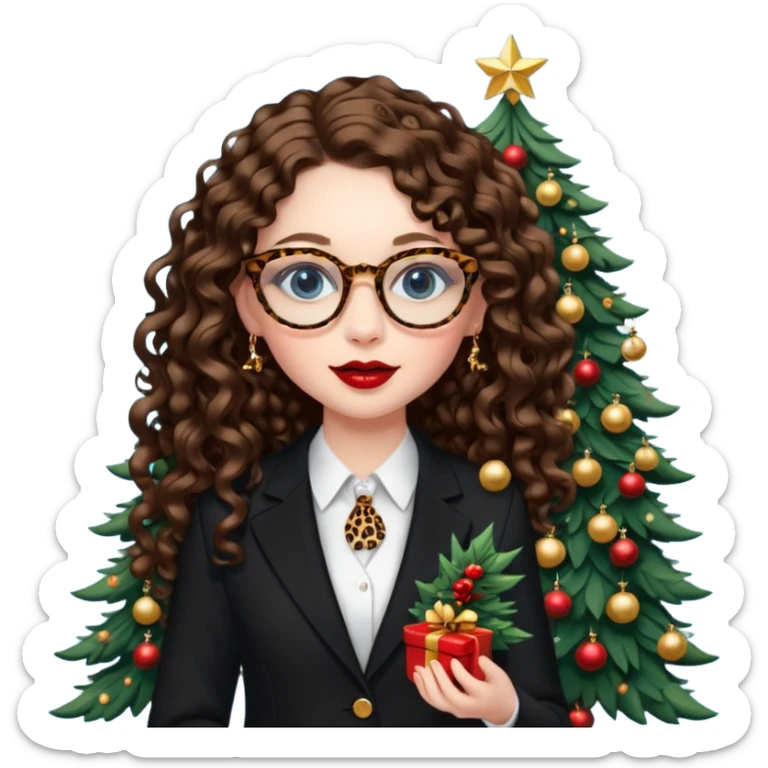 A girl with white pale skin, blue eyes, full lips, brunette long curly hair. She has a leopard print round-ish shaped glasses. She is wearing a all black suit. And she has red lipstick. She is putting gold ornaments happily to a christmas tree. sticker
