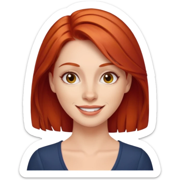 emoji of a 30-year-old woman with a more mature appearance, lady-like features, red hair, cheerful expression sticker