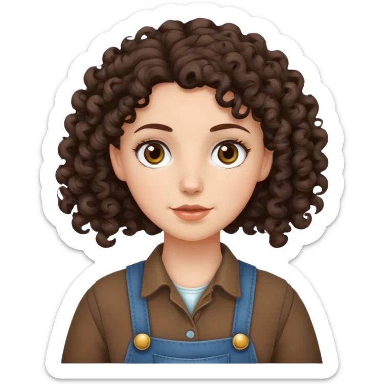 white girl with very curly dark brown hair, brown eyes, wearing farm clothes sticker