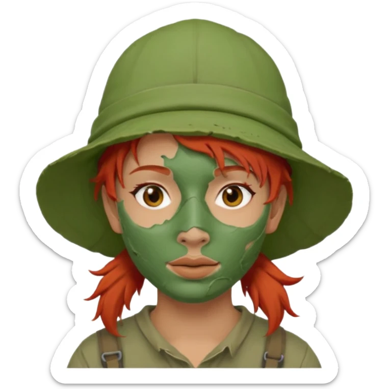 messy green full face clay mask and tourist hat red hair  sticker