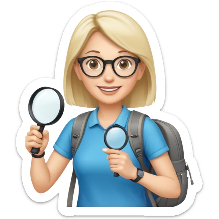 Happy woman in her 40s with glasses, sporty outfit, backpack, holding only one magnifying glass in one hand sticker