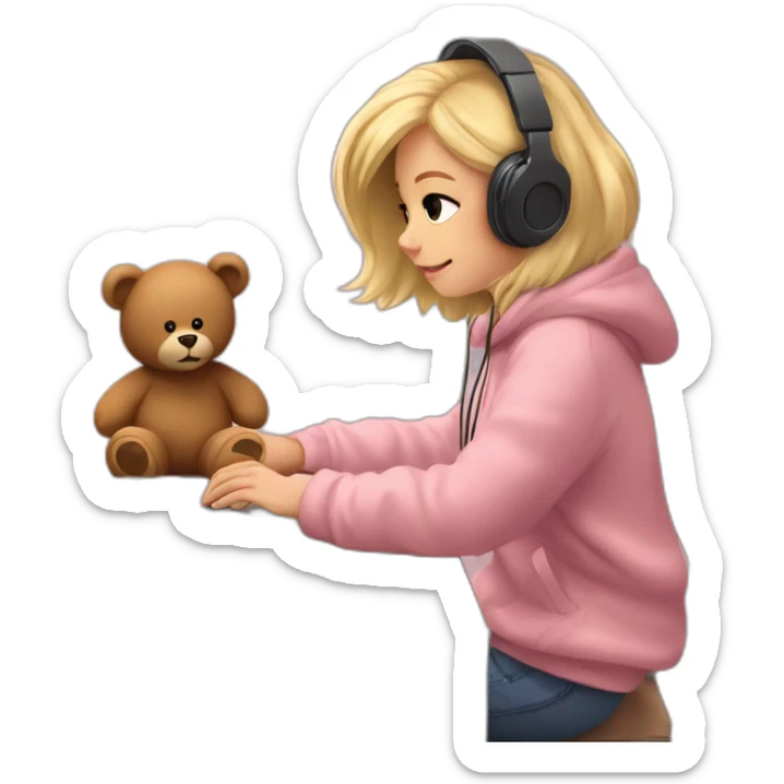 Lo-fi girl studing; headphones, brown teddy bear jumper, blonde hair; sitting at the desk with her macbook and typing on a pink keyboard sticker