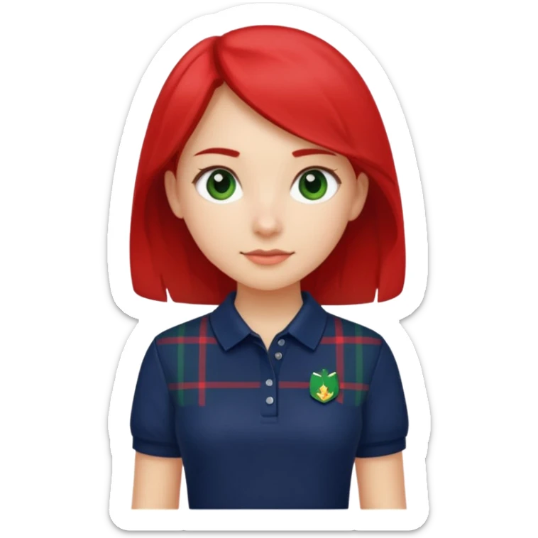 School uniform with navy polo shirt and navy plaid skirt with green white and red  sticker
