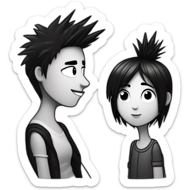 a dog and a girl with black spiky hair looking at each other in style of ((sarah andersen)), black and white,sarah andersen,cartoon,drawn sticker
